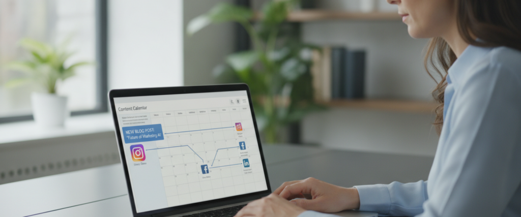 Woman using a laptop content calendar to repurpose blog content for social media channels like Instagram, Facebook